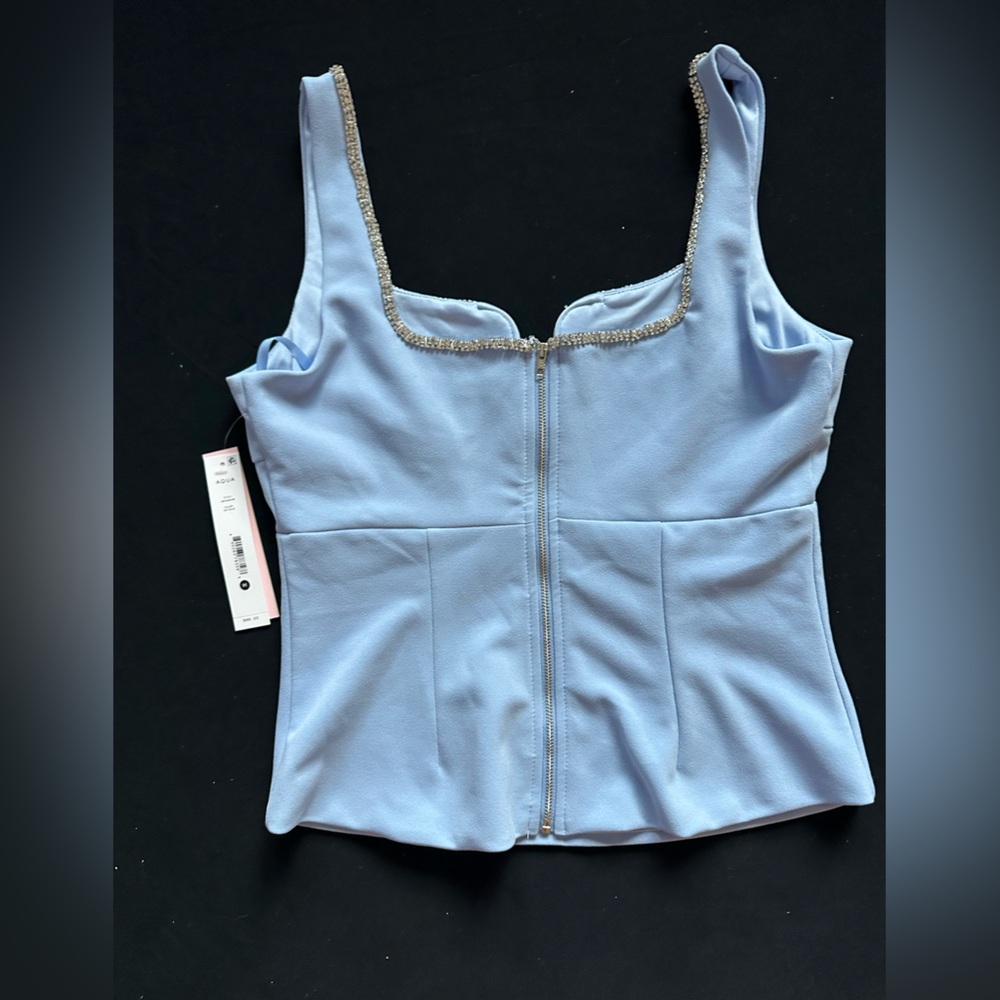 Nwt Aqua Pale Blue Cristal trim Jeweled V-Notch Tank Top Bloomingdale’s Medium - Picture 4 of 9